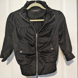 Black Cotton Cropped Bomber Jacket  - Size M
